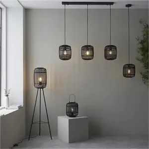 Hanging Ceiling Pendant Light - Dark Bamboo & Plywood With Matt Black Paint - 10W LED E27