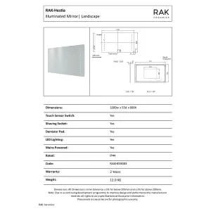 RAK Hestia 1000x600mm Silvery White Square with Touch Sensor Illuminated Mirror IP44