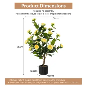 Costway Artificial Camellia Tree Faux Flower Plant Artificial Tree in Cement Pot Greenery Potted Plant Free Maintenance