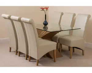 Valencia 160 cm x 90 cm Glass Dining Table and 6 Chairs Dining Set with Montana Ivory Leather Chairs