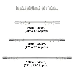 A.Unique Home Plain Barrel Metal Extendable Curtain Pole with Rings and Fittings (25/28mm) - Brushed Steel, 70cm - 120cm  Approx