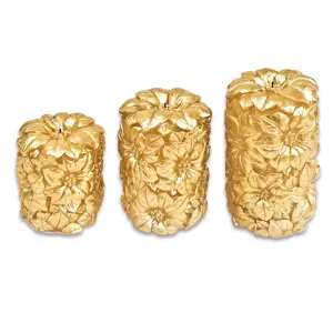 3 x Carved Gold Floral Real Wax LED Pillar Candles - Battery Powered Flickering Light Home Decoration - 1 of Each 10, 12 & 15cm