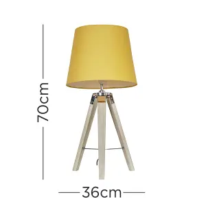 ValueLights Clipper Modern Distressed Wood and Silver Chrome Tripod Table Lamp with Mustard Light Shade