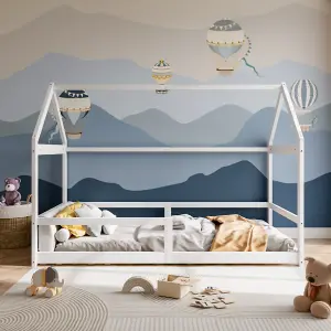 Modern Style White Toddler Bed Premium Natural Pine Children's Bed with Playful Roof Design 142cm H