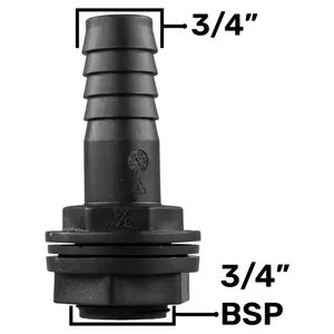 3/4" barb(20mm)Water butt /rain barrel/water storage tank barbed hosetail for overflow/outlet3/4" bsp thread requires a 26mm hole