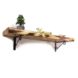 Wooden Rustic Shelf with Bracket WOP Black 220mm 9 inches Burnt Length of 60cm