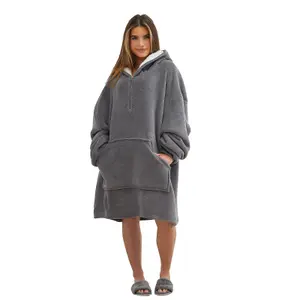 Sienna Half-Zip Hoodie Blanket Sherpa Coral Fleece Giant Throw, Charcoal - Adults