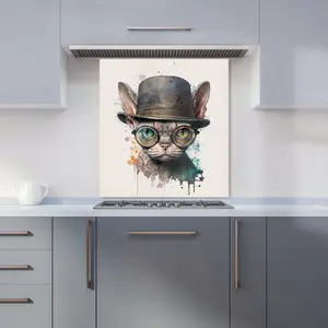 Devon Rex Cat With Glasses Splashart Premium Glass Kitchen Splashback W900mm x H750mm