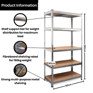 Set of 2 Garage Shelving 90cm Wide & 180cm High Heavy Duty 5 Tier Multipurpose Metal Racking Unit  or Warehouse Shelving Storage