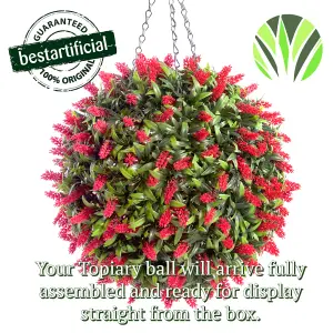 Best Artificial 28cm Red Lush Lavender Hanging Basket Flower Topiary Ball - Suitable for Outdoor Use - Weather & Fade Resistant