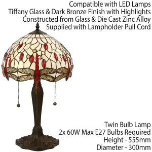 Tiffany Glass Table Lamp Light Dark Bronze & Cream Red Dragonfly Shade i00189