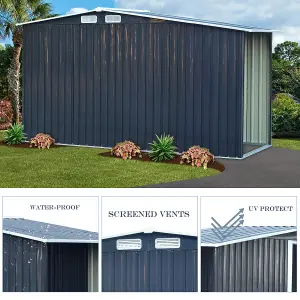 8 x 4 ft Metal Shed Garden Storage Shed Apex Roof Double Door with 4.3 x 2.1 ft Log Store,Black