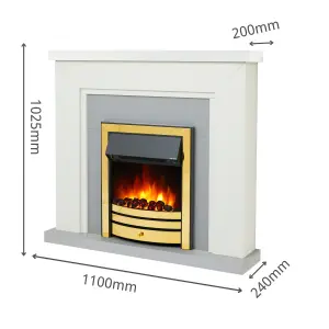 Bempton Electric Fireplace Suite - White top, Grey hearth, Brass fire.