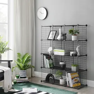 SONGMICS 12-Cube Wire Grid Storage Rack, Interlocking Shelving Unit with Metal Mesh Shelves and PP Plastic Sheets