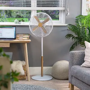 Russell Hobbs Scandi Pedestal Fan 16 Inch White and Wood Effect RHMPF1601WDW