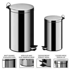 30L Stainless Steel Pedal Bin Silver Rubbish Bin for Kitchen, Bathroom & Toilet