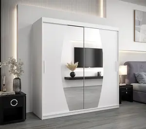 Elypse Contemporary 2 Mirrored Sliding Door Wardrobe 9 Shelves 2 Rails White (H)2000mm (W)2000mm (D)620mm