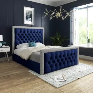 DS Living Cheltenham Glitter and Blue Plush Velvet Upholstered Super King Bed Frame 6FT