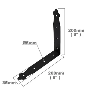 Pack of 1 x Black Corner Bracket - 200 x 200 mm Steel Right Angle Braces L Shaped Retro Decorative Metal Bracket 90 Degree Corner