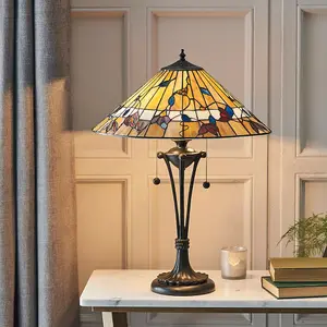 Tiffany Glass Table Lamp Light Dark Bronze & Rich Colours Floral Shade i00175