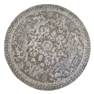 Silver Grey Traditional Medallion Bordered Round Rug 160x160cm