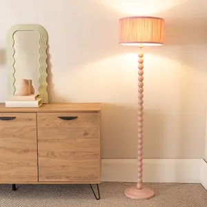 ValueLights Bobbins Painted Rose Floor Lamp with Ruched Pleated Blush Pink Drum Shade and LED Bulb