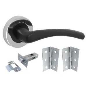 Zena Door Handle Modern Design Matt Black Lever on Chrome Rose Internal + Latch & Hinges