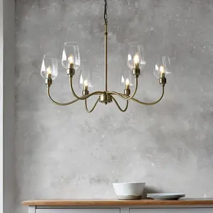 Luminosa Livorno Multi Arm Pendant Ceiling Light Antique Brass Plate, Clear Glass