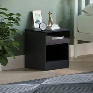 Arkadij High Gloss 1 Drawer Manufactured Wood Bedside Table, Modern Bedroom Cabinet Black