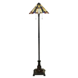 2 Bulb Floor Lamp Tiffany Style Coloured Glass Shade Valiant Bronze LED E27 60W