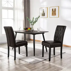 Button Tufted Padded Faux Leather Dining Chair with Solid Wood Legs (Set of 2) Dark Brown