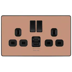 BG Polished Copper Double 13A 12W Raised slim Switched Screwless Socket with USB, x2 & Black inserts