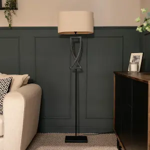 ValueLights Katniss Large Black Metal Floor Lamp with an Oatmeal Fabric Oval Lampshade - Bulb Included