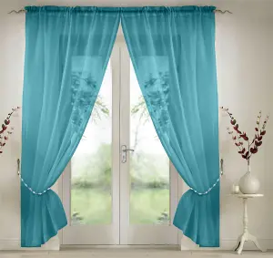 Elegant Plain Voile Curtain Panels PAIR with FREE Tie Backs 150cm x 183cm Teal