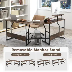 COSTWAY L-shaped Desk Long 2-Person Corner Computer Desk w/ Monitor Stand