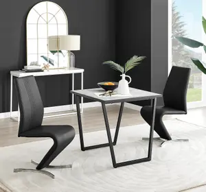 Furniturebox UK Carson White Marble Effect Square Dining Table & 2 Black Willow Chairs