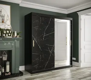 Elegant Black Geneva T2 Sliding Door Wardrobe W1800mm H2000mm D620mm - Mirrored Door, Gold Handles, Extensive Storage