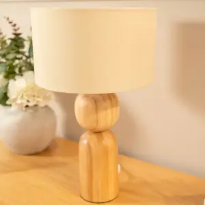 ValueLights Azalea Rustic Wooden Bedside Table Lamp with a Natural Drum Lampshade