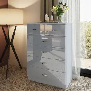 Grey Gloss 6 Drawer 4+2 Chest Of Drawers Bedroom Furniture