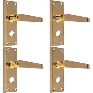 4 PACK - Straight Victorian Bathroom Latch Door Handle - Polished Brass Lever Backplate