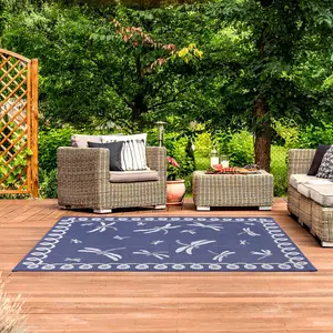 Blue Outdoor Rug, Animal Bordered Stain-Resistant Rug For Patio Decks Garden, 15mm Modern Outdoor Rug- 120cm (Circle)