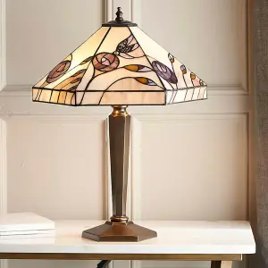 Tiffany Glass Table Lamp Light Antique Patina Bronze & Rose Hex Shade i00183