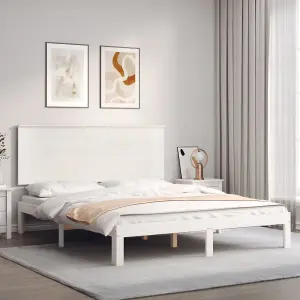 Berkfield Bed Frame with Headboard White King Size Solid Wood