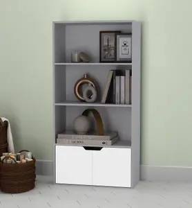 URBNLIVING Height 118Cm 4 Tier Wooden Bookcase Cupboard with Doors Storage Shelving Display Colour Grey Door White Cabinet Unit