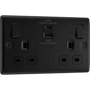 BG Nexus Metal Matt Black Double Switched 13A Power Socket With USB Charging - USB A + C (45W)