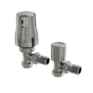 Right Radiators Satin Nickel Thermostatic Angled TRV & Lockshield Radiator Valves Set 1/2"x15mm