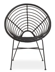 Interiors by Premier Natural Rattan Black Round Chair with Black Metal Legs, Rattan Dining Chair, Robust Rattan Lounge Chair