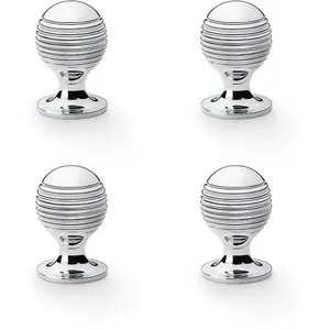 4 PACK - Reeded Ball Door Knob - 25mm Diameter Polished Chrome Lined Cupboard Pull Handle