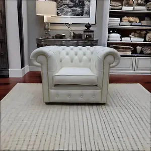 Chesterfield Low Back Club Chair Shelly White Real Leather In Classic Style