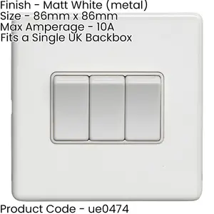 2 PACK 3 Gang Triple Light Switch SCREWLESS MATT WHITE 2 Way 10A Slim Rocker